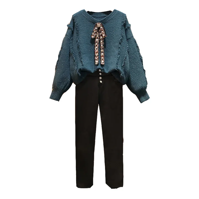 Winter Women Warm Suit Tassel Knit Sweater Tops And Hight Waist Jeans Matching Outfit Plus Size 4XL Two Piece Set Female Clothes
Winter Women Warm Suit Tassel Knit Sweater Tops And Hight Waist Jeans Matching Outfit Plus Size 4XL Two Piece Set Female Clothes