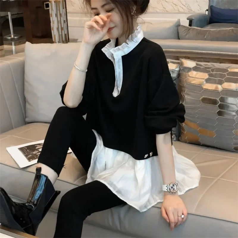 Black fake two-piece pullover sweater mid-length design sense blouse spring autumn jacket 2022 new fashion plus size Women'tops
Black fake two-piece pullover sweater mid-length design sense blouse spring autumn jacket 2022 new fashion plus size Women'tops