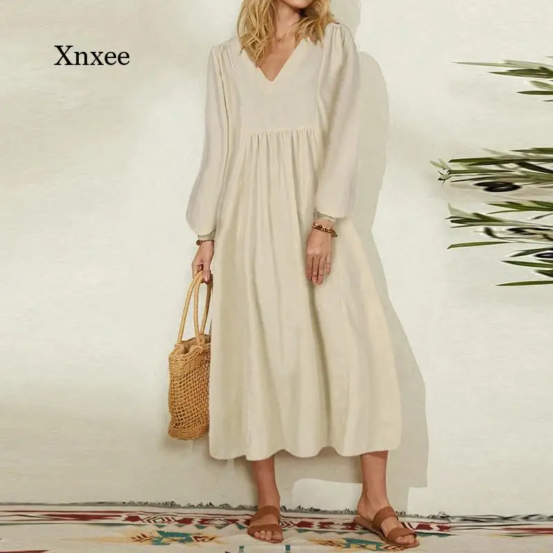 Lantern Sleeve Robe Cotton Linen Solid Casual Long Dress Spring New Women Beach V Neck Elegant Retro Fashion Party Maxi Dresses
Lantern Sleeve Robe Cotton Linen Solid Casual Long Dress Spring New Women Beach V Neck Elegant Retro Fashion Party Maxi Dresses