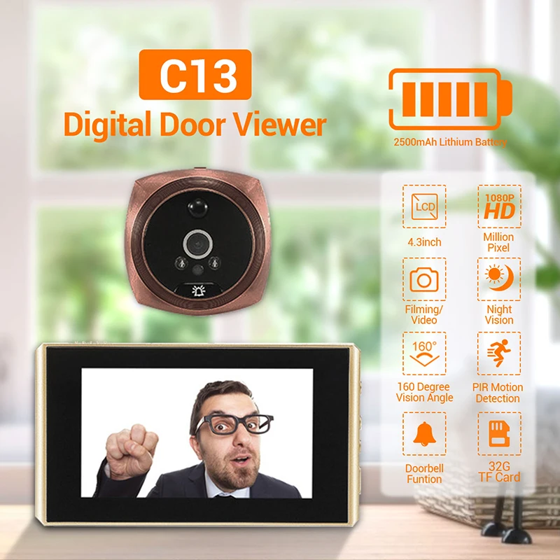 ESCAM C13 HD 1080P 4.3Inch LCD Color Screen 160° Degree Wide Angle 2MP 4X Digital Zoom Electronic Peephole Door Bell Camera
ESCAM C13 HD 1080P 4.3Inch LCD Color Screen 160° Degree Wide Angle 2MP 4X Digital Zoom Electronic Peephole Door Bell Camera