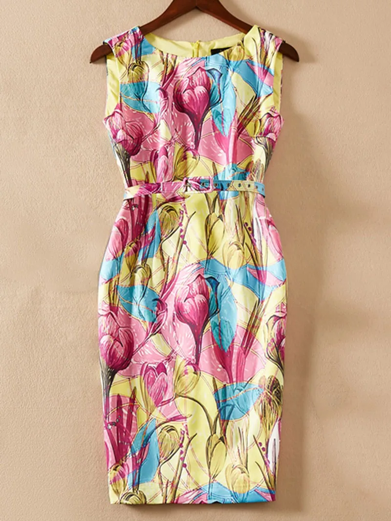 Luxury Women Flower Print Sheath Dress Round Neck Sleeveless Casual Dresses With Belt
Luxury Women Flower Print Sheath Dress Round Neck Sleeveless Casual Dresses With Belt
