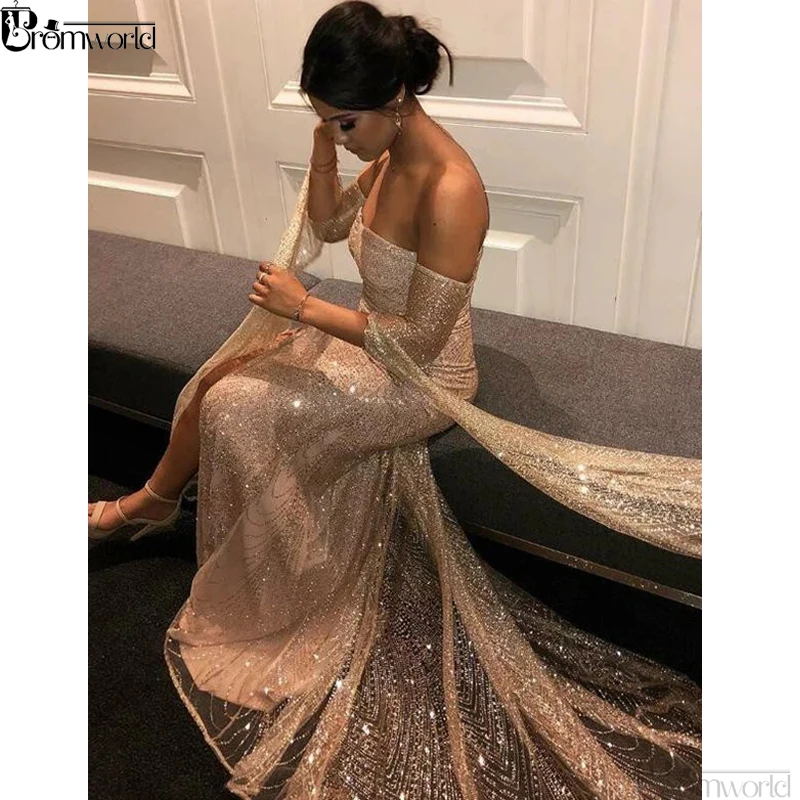Bling Sequins Off The Shoulder Champagne Long Sleeves Mermaid Prom Dresses High Slit Sexy Evening Gown vestido de festa longo
Bling Sequins Off The Shoulder Champagne Long Sleeves Mermaid Prom Dresses High Slit Sexy Evening Gown vestido de festa longo