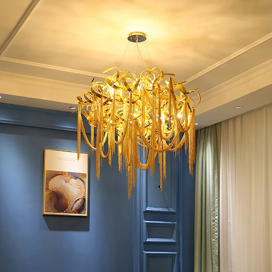 Nordic Design Gold Luster Art Pendant Lights Engineering Design Luxury Chain Tassel LED Pendant Lamp Living Room Kitchen Fixture
Nordic Design Gold Luster Art Pendant Lights Engineering Design Luxury Chain Tassel LED Pendant Lamp Living Room Kitchen Fixture