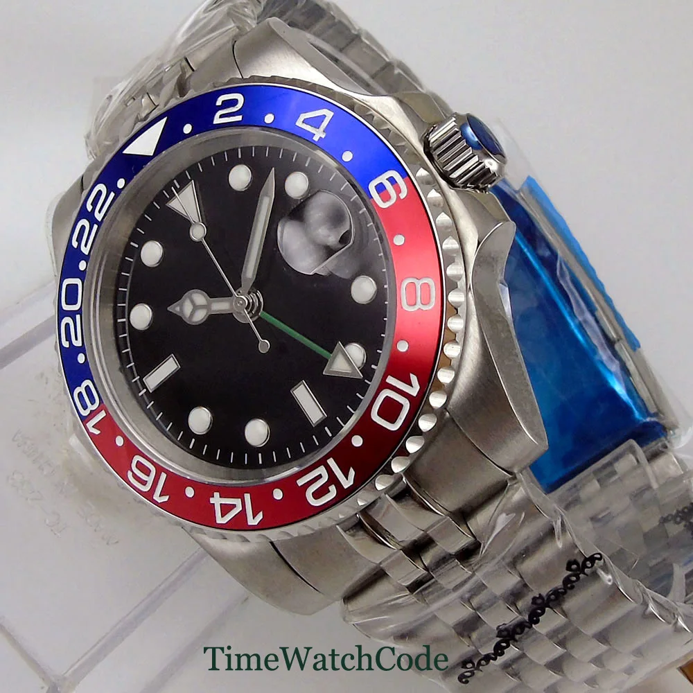 40mm GMT Function Automatic Movement Black Sterile Dial Blue Red Ceramic Bezel Insert Sapphire Glass Date solid Bracelet 3804
40mm GMT Function Automatic Movement Black Sterile Dial Blue Red Ceramic Bezel Insert Sapphire Glass Date solid Bracelet 3804