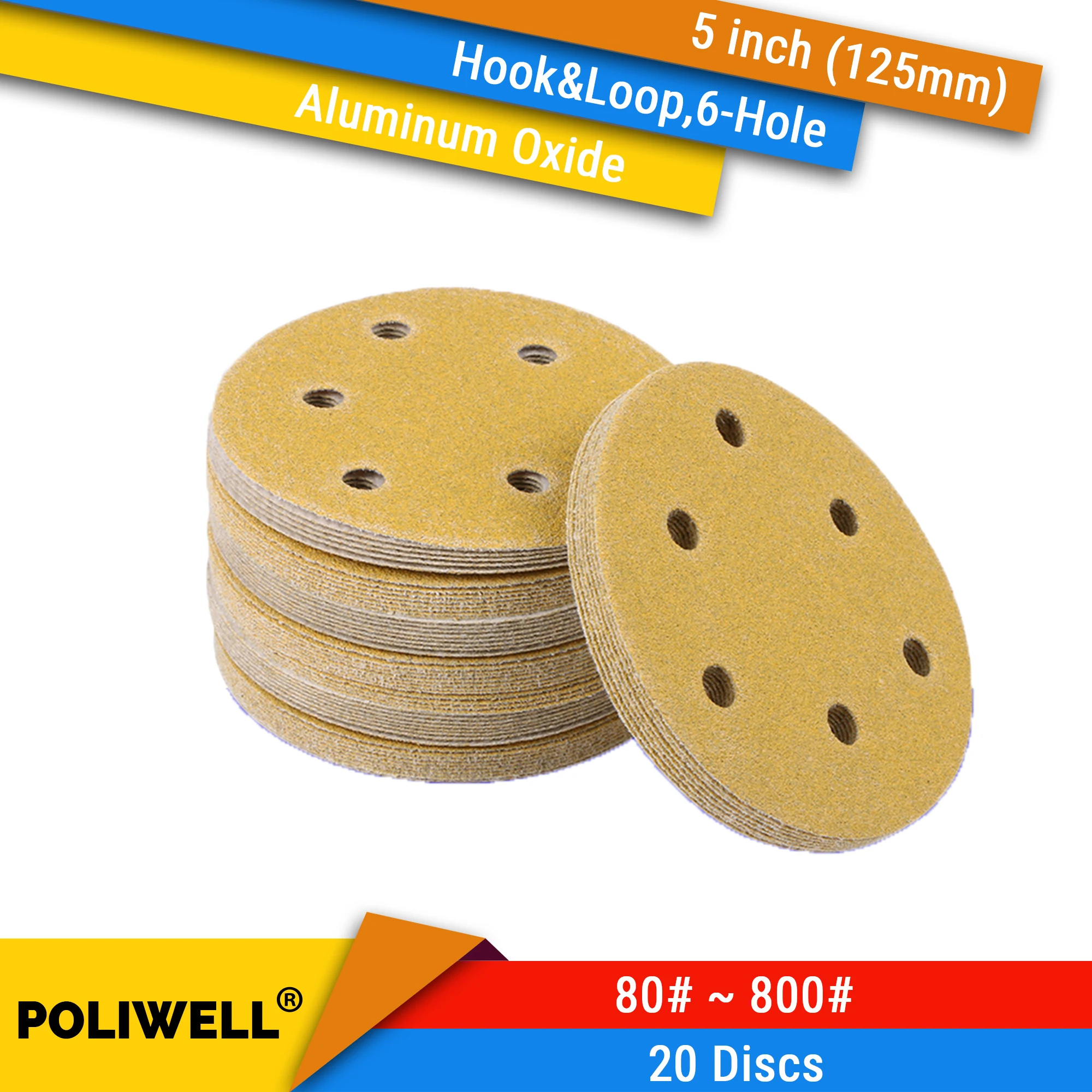 20PCS 5 Inch(125mm) 6 Holes Aluminum Oxide Hook&Loop Yellow Sanding Discs Flocking Abrasive Sandpaper for Dry Sanding, 80#-800#
20PCS 5 Inch(125mm) 6 Holes Aluminum Oxide Hook&Loop Yellow Sanding Discs Flocking Abrasive Sandpaper for Dry Sanding, 80#-800#