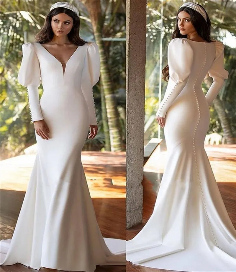 New V Neck Mermaid Wedding Dress 2022 Beach Satin Long Puff Sleeve Bridal Gowns Elegant White Buttons Robe De Mariage
New V Neck Mermaid Wedding Dress 2022 Beach Satin Long Puff Sleeve Bridal Gowns Elegant White Buttons Robe De Mariage