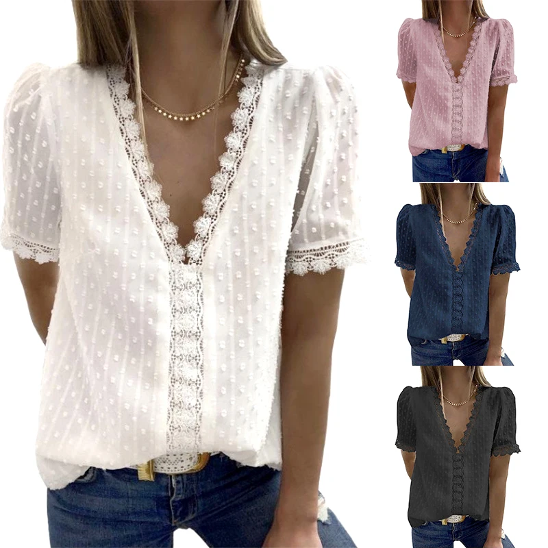 Summer Women's Shirt Chiffon 2024 New Elegant V-Neck Short Solid Color Sexy Hollow Lace Blouses Casual Women Pullover Top
Summer Women's Shirt Chiffon 2024 New Elegant V-Neck Short Solid Color Sexy Hollow Lace Blouses Casual Women Pullover Top