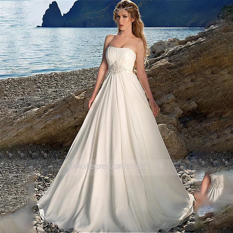 Charming Chiffon Strapless Neckline A-line Wedding Dresses with Beadings & Rhinestones Beach Bridal Gowns
Charming Chiffon Strapless Neckline A-line Wedding Dresses with Beadings & Rhinestones Beach Bridal Gowns