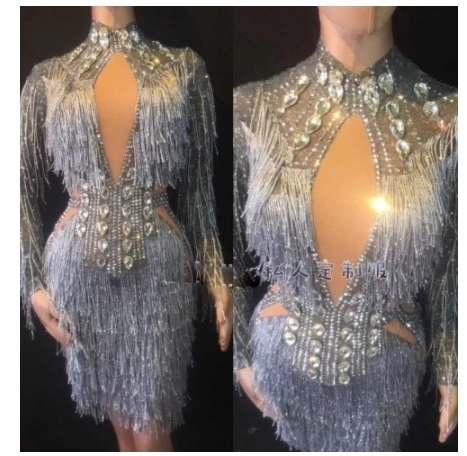 Sexy Skinny Glass Diamond Short Dress Bling Rhinestones Silvery Tassels Dress Women Singer Party Stage Wear Celebration Dresses
Sexy Skinny Glass Diamond Short Dress Bling Rhinestones Silvery Tassels Dress Women Singer Party Stage Wear Celebration Dresses