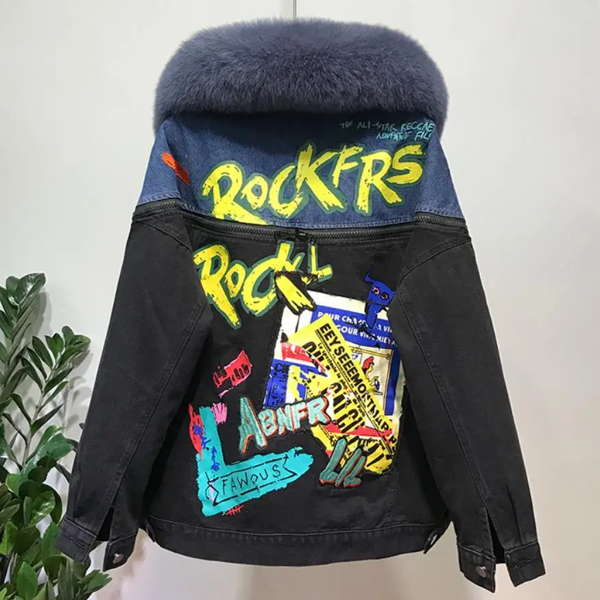 Winter Graffiti Warm Real Natural Fox Fur coat + Real Rabbit Hair Liner Denim Jacket Female embroidery Real Fur Outwear F2262
Winter Graffiti Warm Real Natural Fox Fur coat + Real Rabbit Hair Liner Denim Jacket Female embroidery Real Fur Outwear F2262