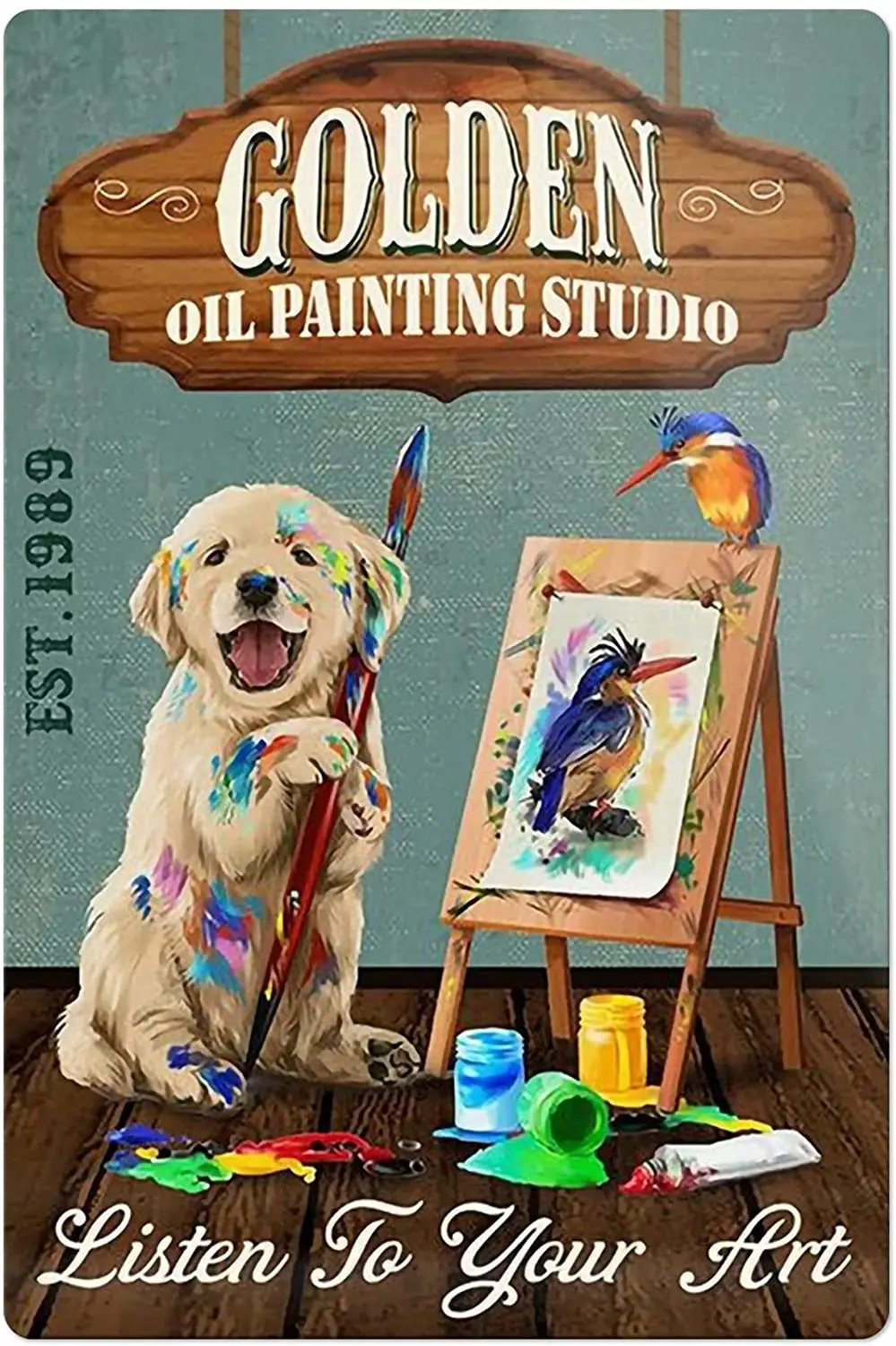 Golden Retriever Oil Painting Studio Metal Tin Sign,Listen to Your Art,Vintage Wall Decor Poster Wall Decor for Bar Cafe Home
Golden Retriever Oil Painting Studio Metal Tin Sign,Listen to Your Art,Vintage Wall Decor Poster Wall Decor for Bar Cafe Home