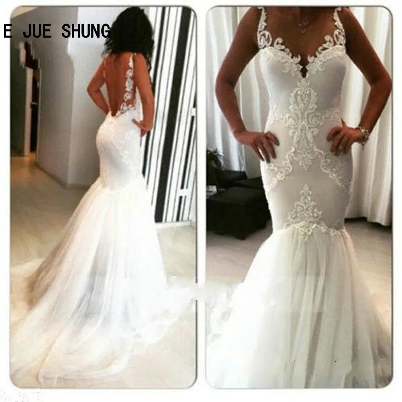 E JUE SHUNG White Ivory Mermaid Wedding Dress Sleeveless Spaghetti Lace Appliques African Wedding Gowns Vestido de Novia
E JUE SHUNG White Ivory Mermaid Wedding Dress Sleeveless Spaghetti Lace Appliques African Wedding Gowns Vestido de Novia
