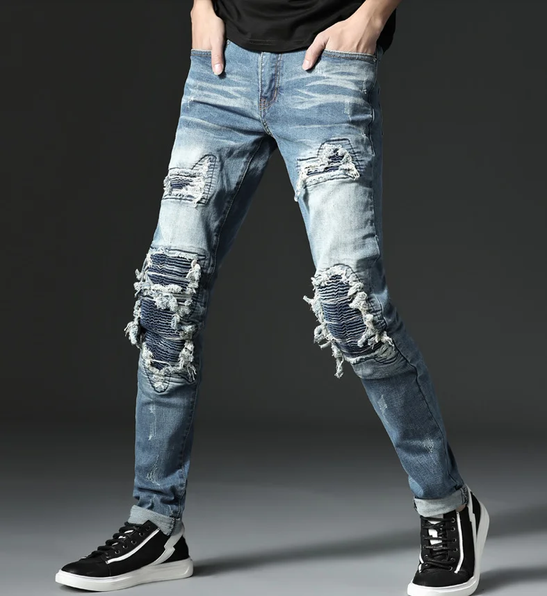 Patch Distressed Hole Biker Jeans Punk Rock Men's Slim Straight Jeans Stretch Cotton Denim Ripped Fashion Pants 
Patch Distressed Hole Biker Jeans Punk Rock Men's Slim Straight Jeans Stretch Cotton Denim Ripped Fashion Pants