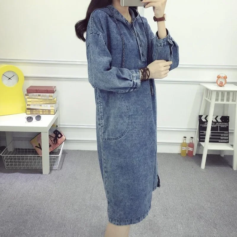 Vintage New Loose Hooded Long Sleeve Denim Dress Spring Autumn College Style Casual Pullover Jean Dress Female Black/Blue
Vintage New Loose Hooded Long Sleeve Denim Dress Spring Autumn College Style Casual Pullover Jean Dress Female Black/Blue