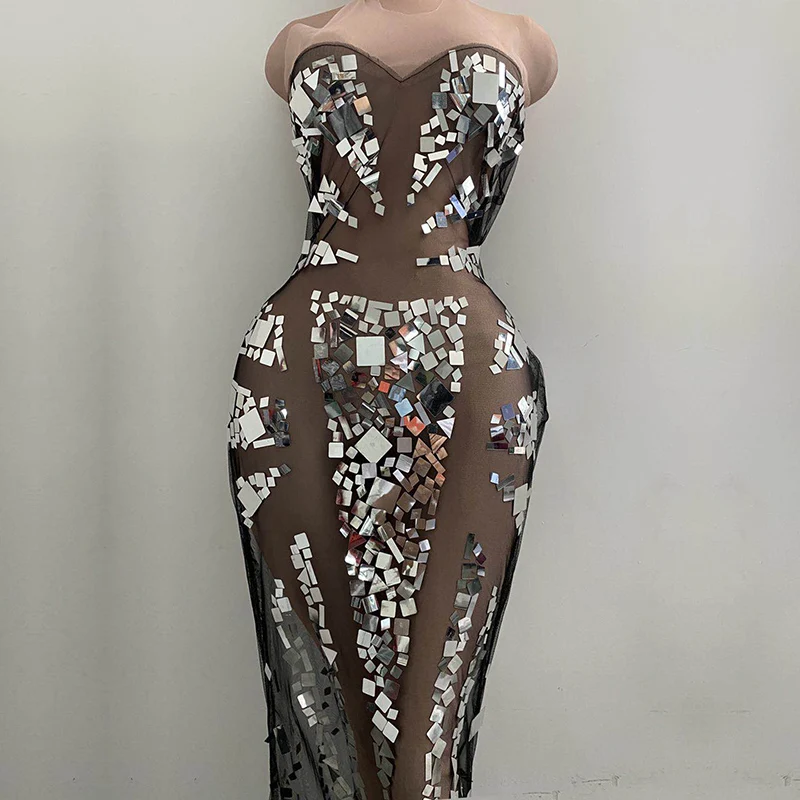 Sexy see-through black gauze silver mirror dress birthday celebration party evening dress concert ball singer's dress
Sexy see-through black gauze silver mirror dress birthday celebration party evening dress concert ball singer's dress