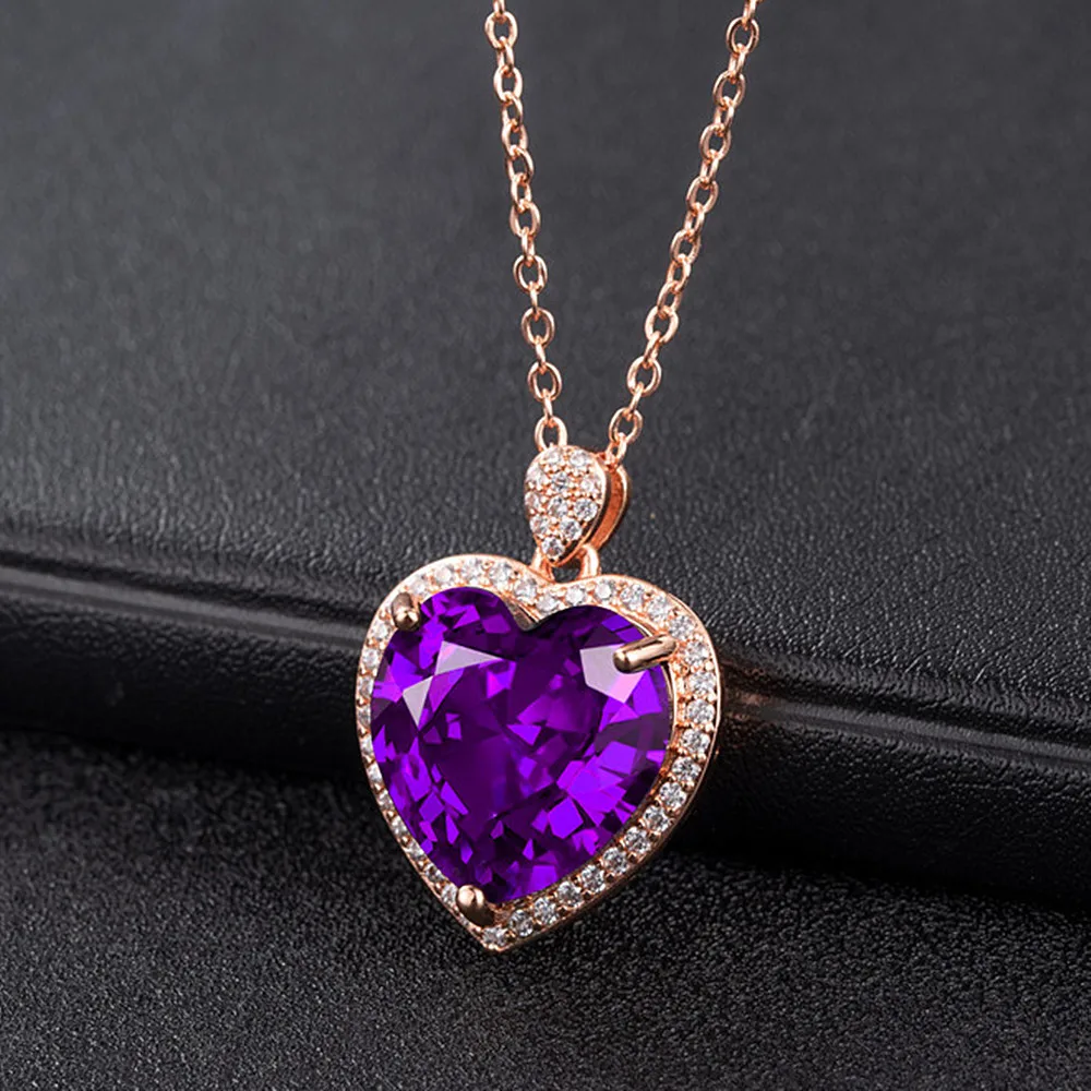 Purple Crystal Amethyst Gemstones Diamonds Heart Pendant Necklaces for Women 18k Rose Gold Filled Jewelry Gifts Dropshipping New
Purple Crystal Amethyst Gemstones Diamonds Heart Pendant Necklaces for Women 18k Rose Gold Filled Jewelry Gifts Dropshipping New