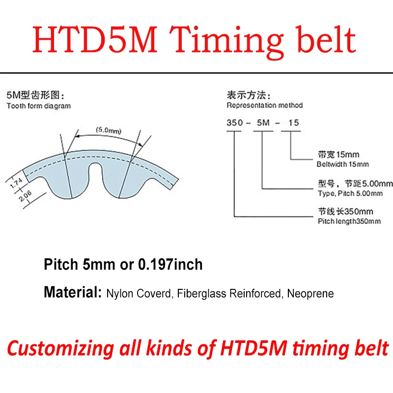 High Torque HTD 5M Timing belt pitch 5mm or 0.197" Neoprene Rubber Customizing all kinds of HTD5M STD S5M Timing belts pulley
High Torque HTD 5M Timing belt pitch 5mm or 0.197" Neoprene Rubber Customizing all kinds of HTD5M STD S5M Timing belts pulley