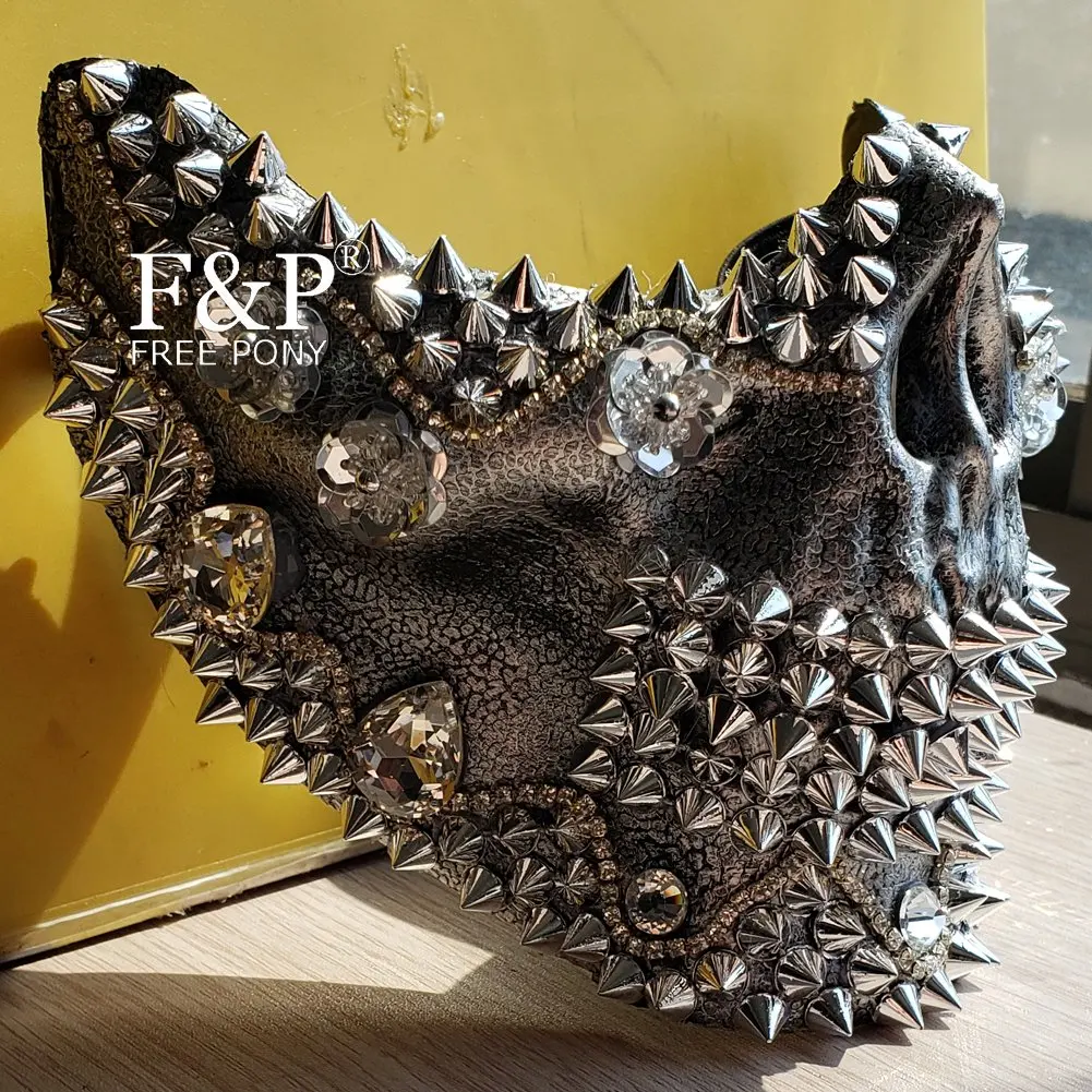 Burning Man Festival Steampunk Silver Skull Rivet Spike Face Mask Drag Queen Carnival Halloween Costume Gogo Dancer Accessories
Burning Man Festival Steampunk Silver Skull Rivet Spike Face Mask Drag Queen Carnival Halloween Costume Gogo Dancer Accessories
