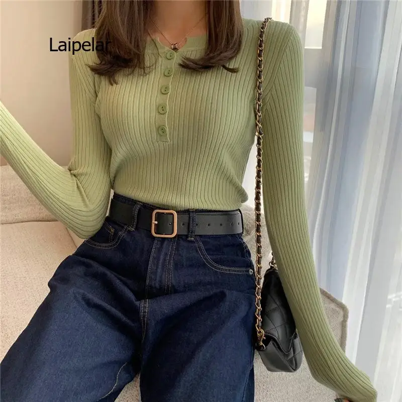 Women's Slim Sweaters Spring Autumn Long Sleeve Thin Ladies Solid Round Neck Jumper Casual Knitted Tops Buttons Female Pullover
Women's Slim Sweaters Spring Autumn Long Sleeve Thin Ladies Solid Round Neck Jumper Casual Knitted Tops Buttons Female Pullover