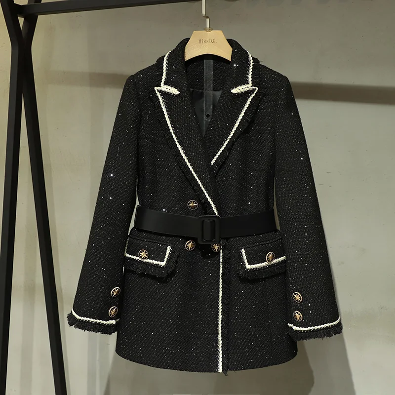 2021 New Elegant Fashion Black Wool Suit Jacket Autumn Winter Women Tassel Tweed Coat Female Casual Outerwear With Belt
2021 New Elegant Fashion Black Wool Suit Jacket Autumn Winter Women Tassel Tweed Coat Female Casual Outerwear With Belt