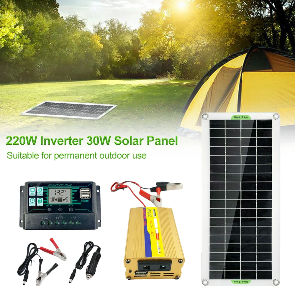 220W Inverter 30W Solar Panel Battery Charger USB Charging Solar Module Controller Fit RV Travel Trailer Motorhome 60A
220W Inverter 30W Solar Panel Battery Charger USB Charging Solar Module Controller Fit RV Travel Trailer Motorhome 60A