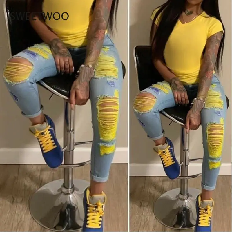 Ripped Jeans High Waist Hole Women Trousers Club Outfits 2021 Street Trendy Feet Pants Light-Colored Sexy Hollow Out Denim Pant
Ripped Jeans High Waist Hole Women Trousers Club Outfits 2021 Street Trendy Feet Pants Light-Colored Sexy Hollow Out Denim Pant
