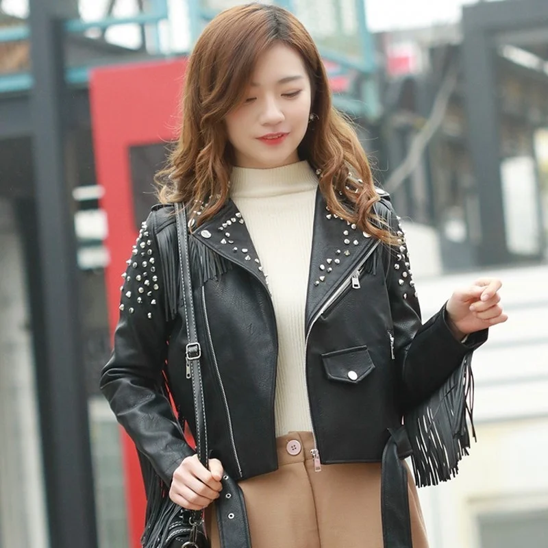 Fashion Personality Tassel Rivet Short PU Leather Womens Outerwear Coats Punk Style Long Sleeve Zipper Big Size Female Jackets
Fashion Personality Tassel Rivet Short PU Leather Womens Outerwear Coats Punk Style Long Sleeve Zipper Big Size Female Jackets