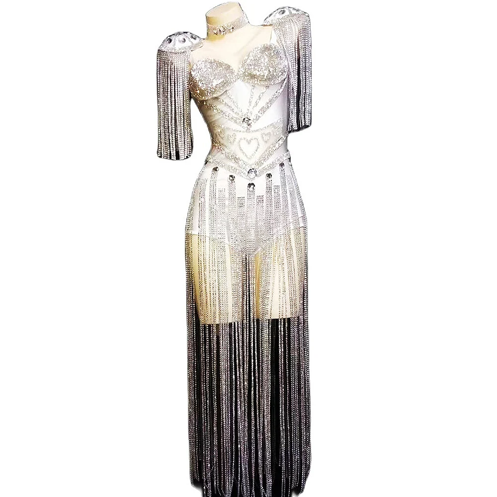 Sparkly White Tassels Chain Women Fringe Bodysuits Luxury Leotard Stretch Romper Singer Performance Jazz Dance Costume Outfit
Sparkly White Tassels Chain Women Fringe Bodysuits Luxury Leotard Stretch Romper Singer Performance Jazz Dance Costume Outfit