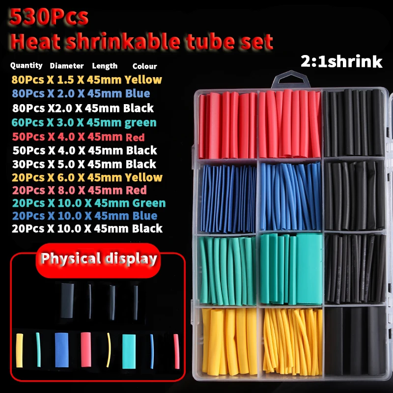 530pcs Heat Shrinkable Tube Kit Shrinking Assorted Polyolefin Insulation Sleeving 2:1 Wire Cable Sleeve Kit DIY Wire Repair
530pcs Heat Shrinkable Tube Kit Shrinking Assorted Polyolefin Insulation Sleeving 2:1 Wire Cable Sleeve Kit DIY Wire Repair