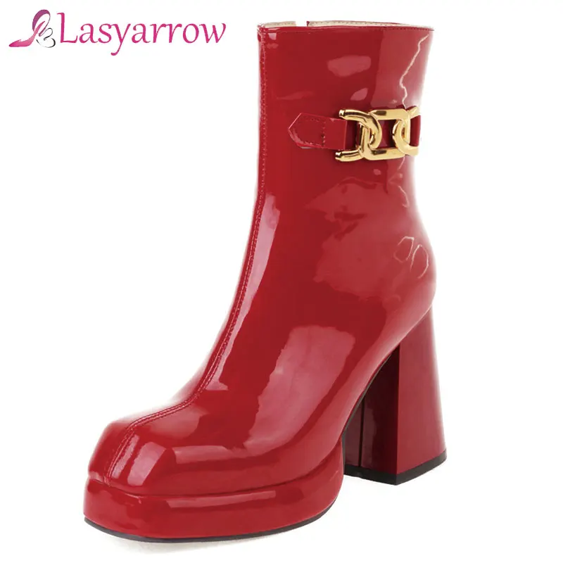 Lasyarrow Patent PU Leather Plain Red White Black Platform Block High Heels Women Winter Shoes Sexy Female Ankle Modern Boots
Lasyarrow Patent PU Leather Plain Red White Black Platform Block High Heels Women Winter Shoes Sexy Female Ankle Modern Boots