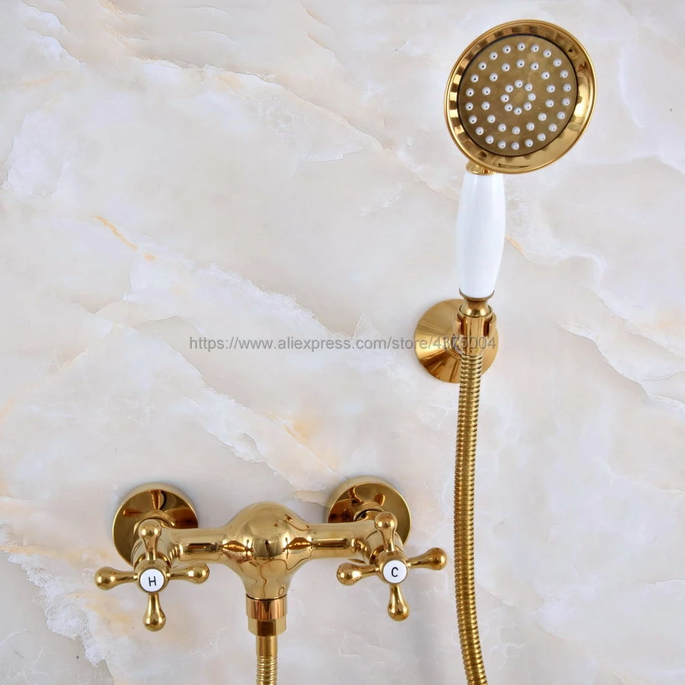 Golden Bathroom Shower Faucet Mixer Tap With Hand Held Shower Head Set Double Handles Wall Mounted Bathroom Faucet Nna970
Golden Bathroom Shower Faucet Mixer Tap With Hand Held Shower Head Set Double Handles Wall Mounted Bathroom Faucet Nna970