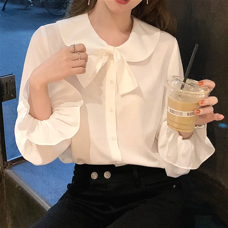 Chiffon Blouse Women Casual Bow Peter Pan Collar Long Sleeve Chiffon Shirt Female Office Lady Korean Tops Spring Autumn Clothing
Chiffon Blouse Women Casual Bow Peter Pan Collar Long Sleeve Chiffon Shirt Female Office Lady Korean Tops Spring Autumn Clothing