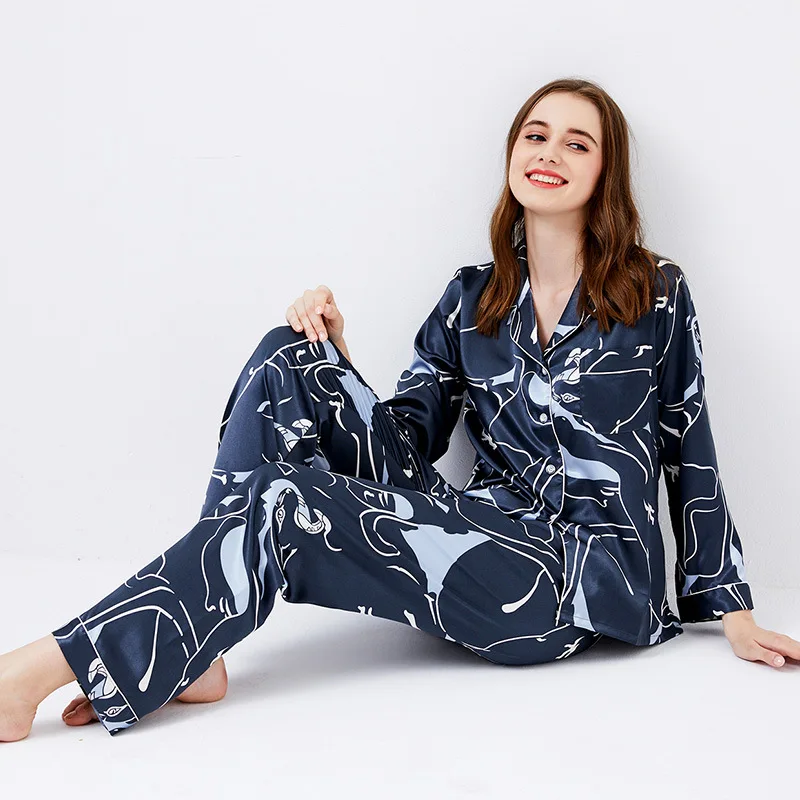 Navy Blue Satin Pajamas Set Sleepwear Spring Autumn Print Nightwear Pijamas Suit Loose Casual Trouser Suits Long Sleeve Homewear
Navy Blue Satin Pajamas Set Sleepwear Spring Autumn Print Nightwear Pijamas Suit Loose Casual Trouser Suits Long Sleeve Homewear