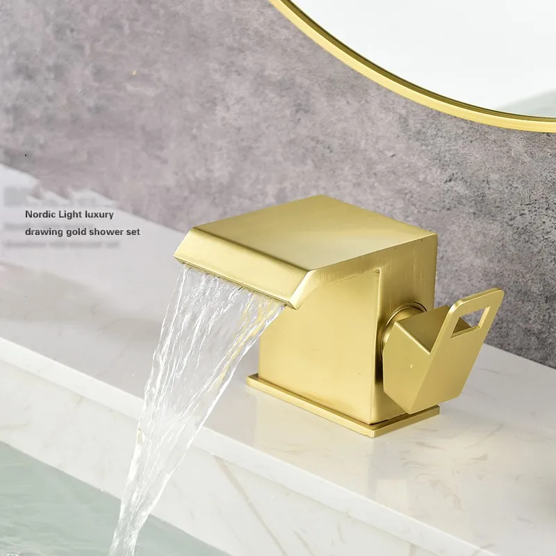 Brass waterfall bathroom sink faucet Brushed gold /Black characterized basin mixer faucet single hole single handle
Brass waterfall bathroom sink faucet Brushed gold /Black characterized basin mixer faucet single hole single handle