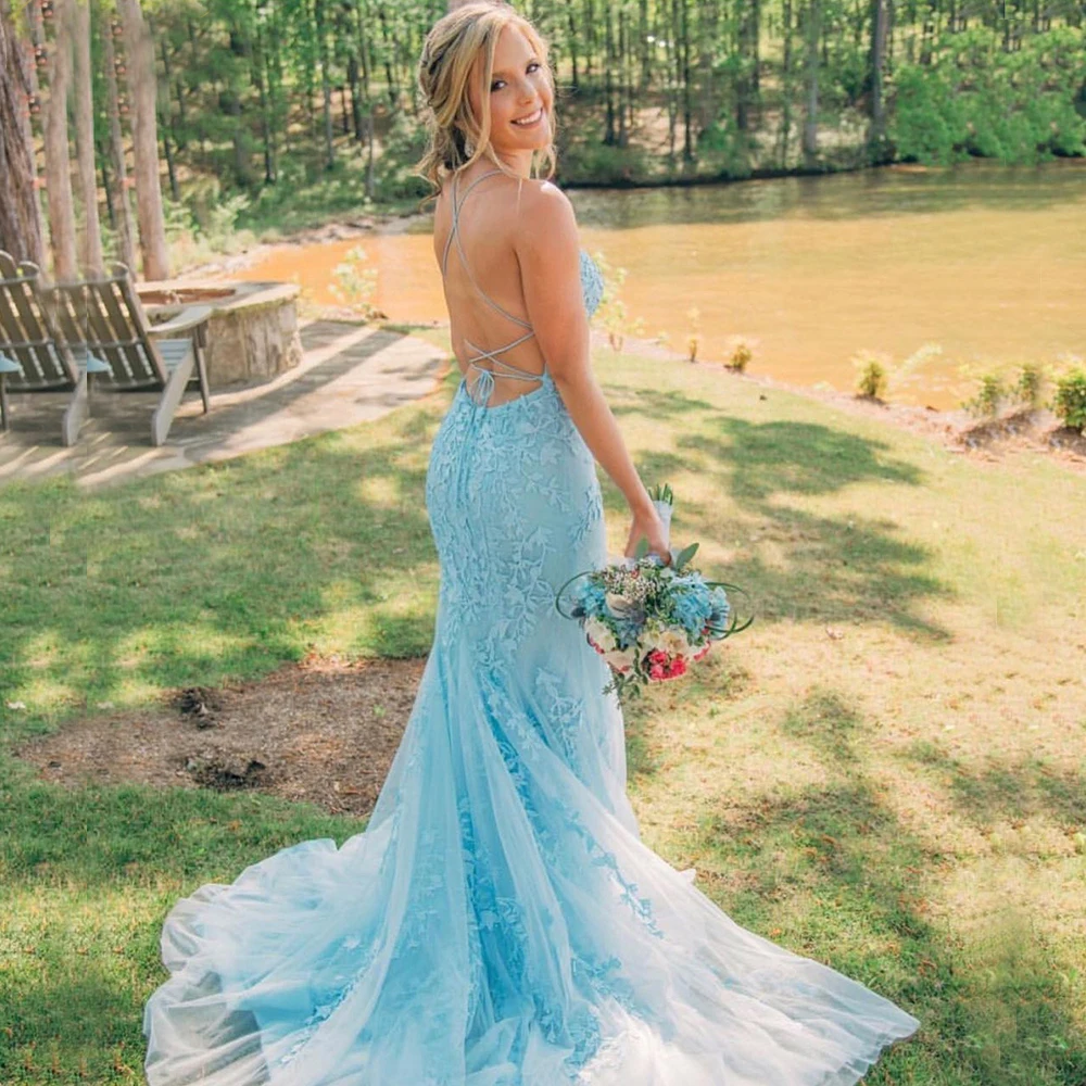 Prom Gown Simple Women Sexy Straps Open Back Tail Party Dress Long Plus Size Light Blue Lace Evening Dress Mermaid Halter Neck
Prom Gown Simple Women Sexy Straps Open Back Tail Party Dress Long Plus Size Light Blue Lace Evening Dress Mermaid Halter Neck