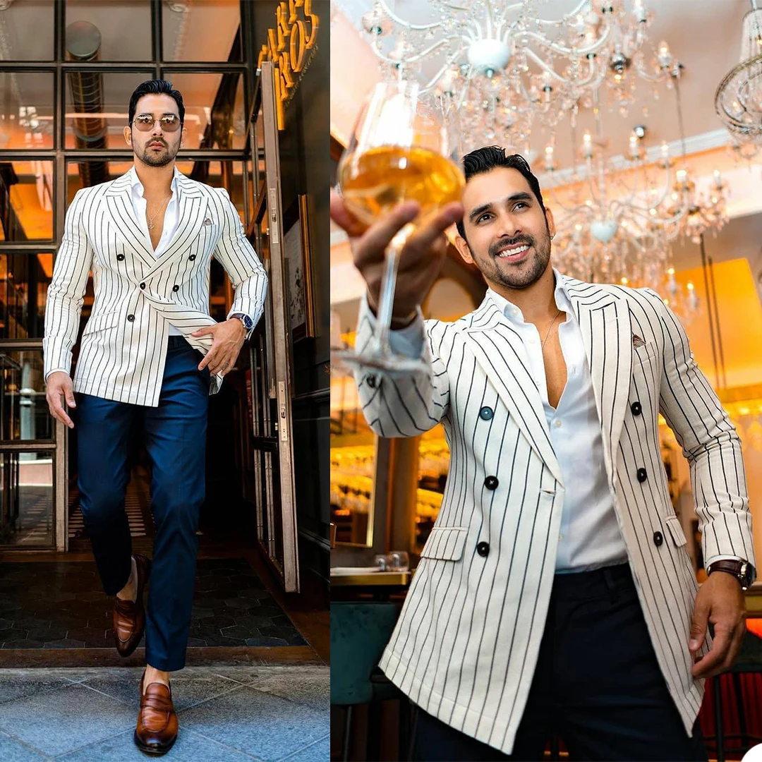 White Striped Men Blazer Fashion Double Breasted Male Suit Jacket Casual Business Tuexdo Costume Homme Coats
White Striped Men Blazer Fashion Double Breasted Male Suit Jacket Casual Business Tuexdo Costume Homme Coats