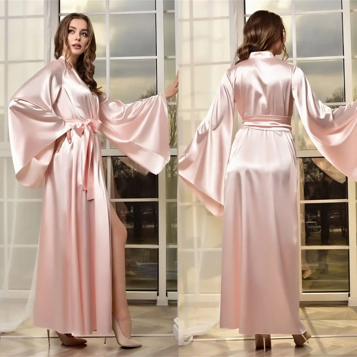 Soft Pink Silk Bridal Robe V Neck Long Sleeve Women Dressing Gown Wedding Bathrobes with Belt Boudoir Sleepwear Nightgowns
Soft Pink Silk Bridal Robe V Neck Long Sleeve Women Dressing Gown Wedding Bathrobes with Belt Boudoir Sleepwear Nightgowns