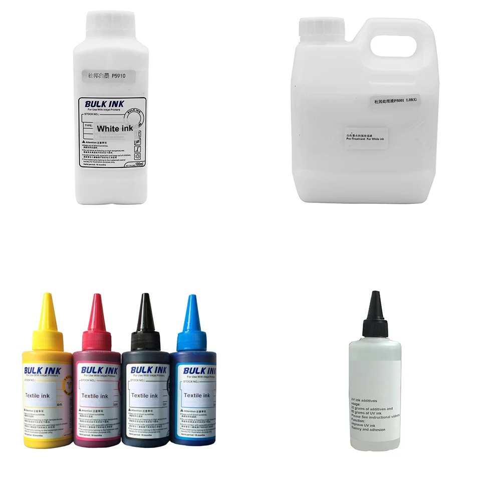 Textile Ink(C M Y K),White textile ink,cleaning liquid,textile white ink fixing agent for Flatbed Printer use for T-shirt
Textile Ink(C M Y K),White textile ink,cleaning liquid,textile white ink fixing agent for Flatbed Printer use for T-shirt
