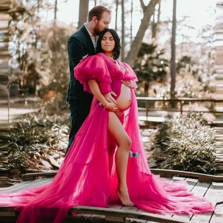 Fucshia Tulle Pregnancy Dresses Puff Short Sleeves Open Front With Waistband Long With Train Sexy Maternity Gown
Fucshia Tulle Pregnancy Dresses Puff Short Sleeves Open Front With Waistband Long With Train Sexy Maternity Gown
