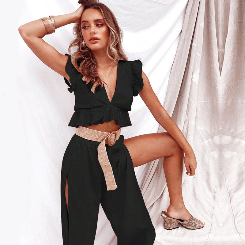 Women's Holiday Set Simple Retro Fashion French Classical Black Jumpsuit V-Neck CropTops Versatile Collocation Flare Pants Pairs
Women's Holiday Set Simple Retro Fashion French Classical Black Jumpsuit V-Neck CropTops Versatile Collocation Flare Pants Pairs