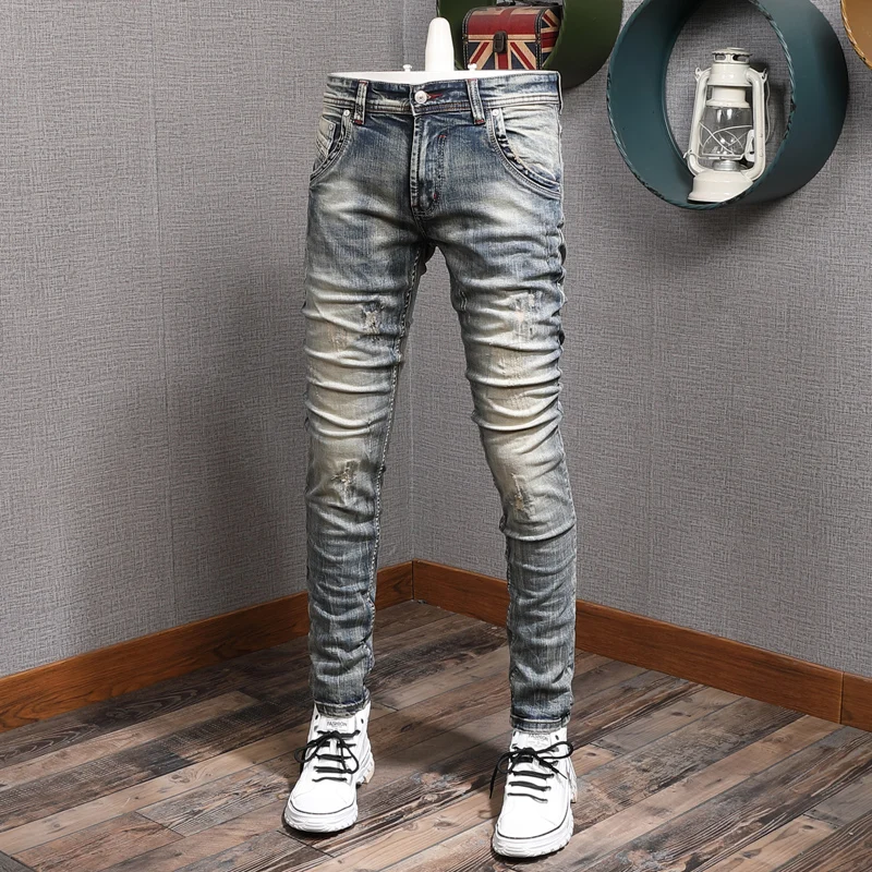 Vintage Blue Ripped Jeans Men Casual Slim Fit Straight Pants Streetwear Cotton Stretch Denim Trousers
Vintage Blue Ripped Jeans Men Casual Slim Fit Straight Pants Streetwear Cotton Stretch Denim Trousers