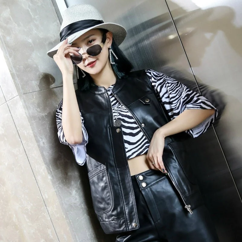 Womens Vest New Sheepskin Black Sleeveless O-Neck Zippers Button Pockets Slim Genuine Leather Fashion Casual Vest Jacket
Womens Vest New Sheepskin Black Sleeveless O-Neck Zippers Button Pockets Slim Genuine Leather Fashion Casual Vest Jacket
