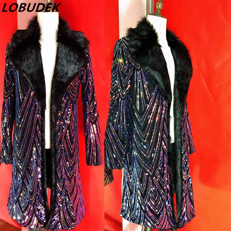 Men Faux Fur Long Coat Purple Sequins Embroidery Overcoat Tide Male DJ Singer Bar Concert Costume Nightclub Outerwear Stage Wear
Men Faux Fur Long Coat Purple Sequins Embroidery Overcoat Tide Male DJ Singer Bar Concert Costume Nightclub Outerwear Stage Wear