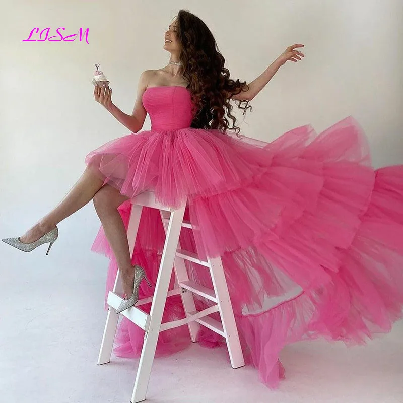 Pink Ruffles Tulle Prom Dress Strapless High Low Tiered Evening Party Dresses 2021 A-Line Special Occasion Gowns
Pink Ruffles Tulle Prom Dress Strapless High Low Tiered Evening Party Dresses 2021 A-Line Special Occasion Gowns