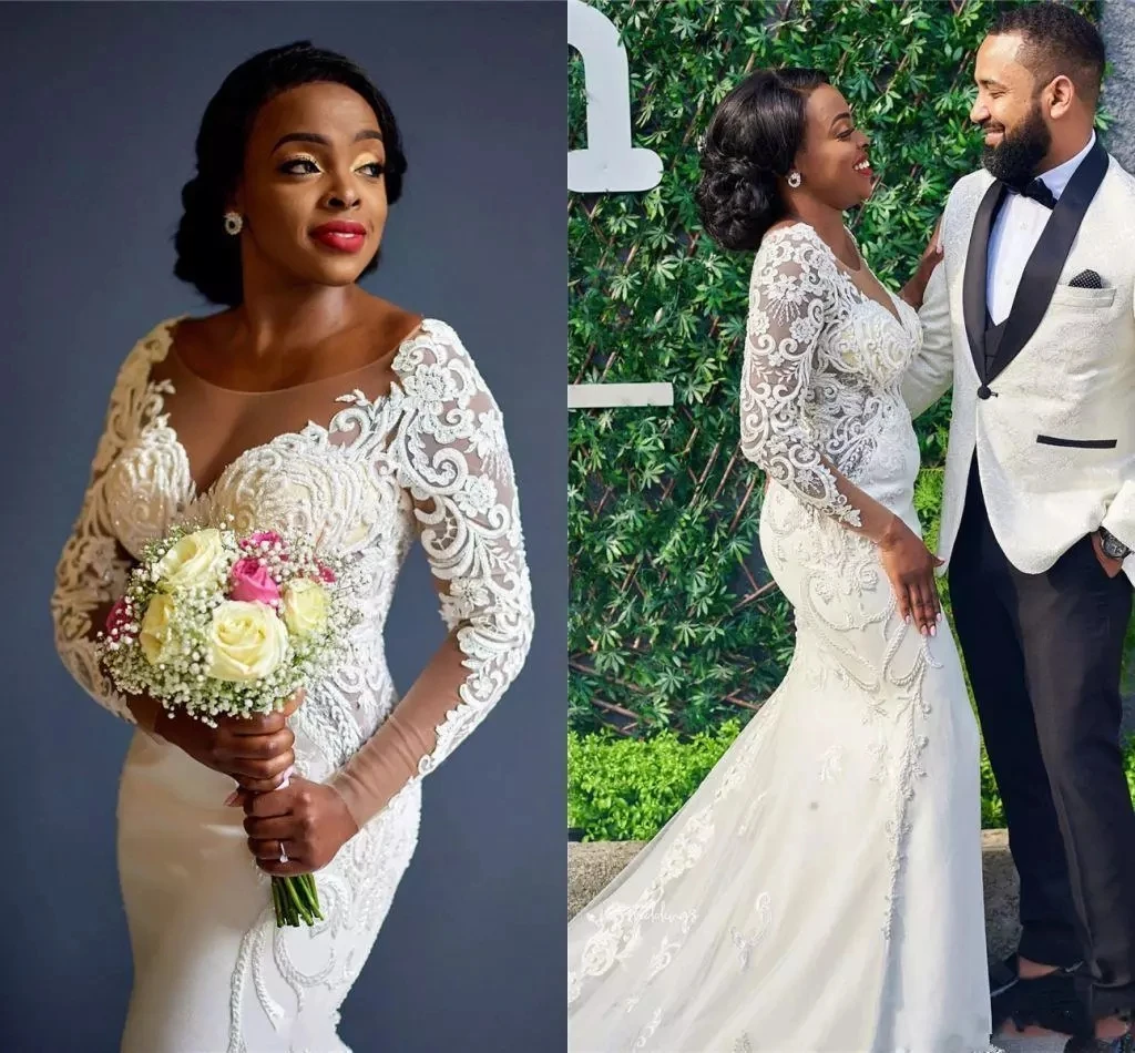 Customized African Vintage Long Sleeves Mermaid Wedding Dresses Lace Appliqued Black Girl Sweep Train Plus Size Bridal Gowns She
Customized African Vintage Long Sleeves Mermaid Wedding Dresses Lace Appliqued Black Girl Sweep Train Plus Size Bridal Gowns She