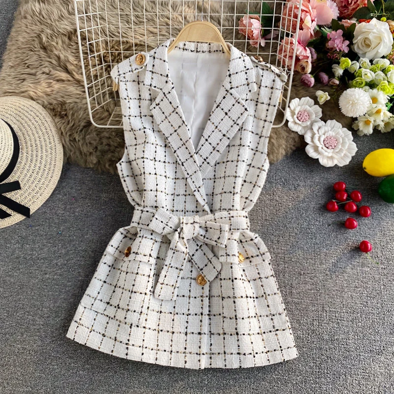 Autumn Winter Fashion Tweed Plaid Waistcoat Temperament Turn-down Collar Sleeveless Coats With Belt Elegant Leisure Women Tops
Autumn Winter Fashion Tweed Plaid Waistcoat Temperament Turn-down Collar Sleeveless Coats With Belt Elegant Leisure Women Tops