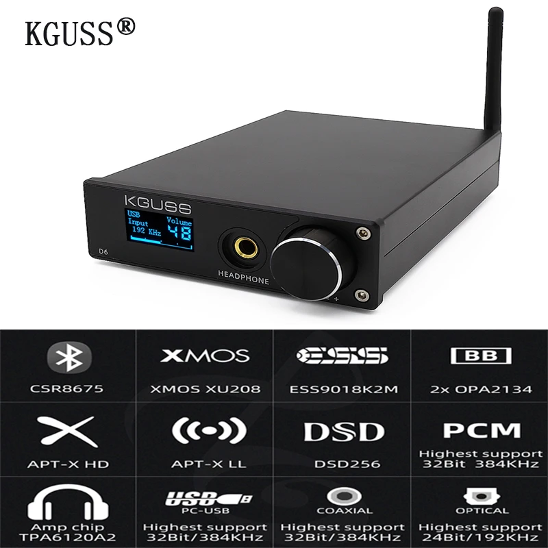 KGUSS D6 2020 Новый USB ЦАП XMOS ES9018K2M аудио декодер DSD Bluetooth CSR8675 5,0 APT-X усилитель для наушников
KGUSS D6 2020 Новый USB ЦАП XMOS ES9018K2M аудио декодер DSD Bluetooth CSR8675 5,0 APT-X усилитель для наушников