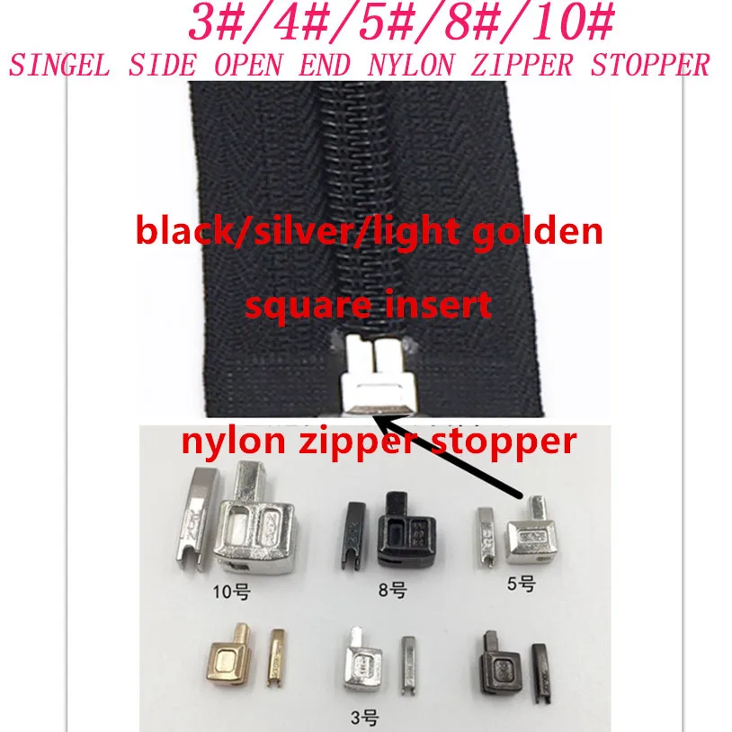 10pairs/lot 3#4#5# 8# 10# silver golden black left right insert square stoppers for single open end nylon zipper diy repair1855
10pairs/lot 3#4#5# 8# 10# silver golden black left right insert square stoppers for single open end nylon zipper diy repair1855
