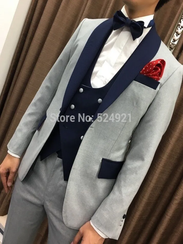 Groomsmen Light Grey Groom Tuxedos Shawl Navy Blue Lapel Men Suits Wedding Best Man 3 Pieces ( Jacket+Pants+Vest+Tie ) C869
Groomsmen Light Grey Groom Tuxedos Shawl Navy Blue Lapel Men Suits Wedding Best Man 3 Pieces ( Jacket+Pants+Vest+Tie ) C869