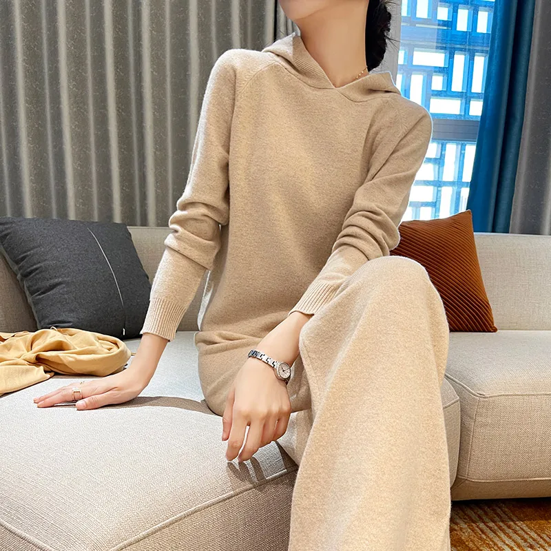 Fashion cashmere suit women's 100% pure wool hooded sweater wide-leg pants 2021 autumn and winter knitted two-piece suit new
Fashion cashmere suit women's 100% pure wool hooded sweater wide-leg pants 2021 autumn and winter knitted two-piece suit new